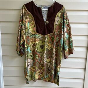 Vintage Bollywood Linen Feel Tunic Blouse Multicolor Floral Size M